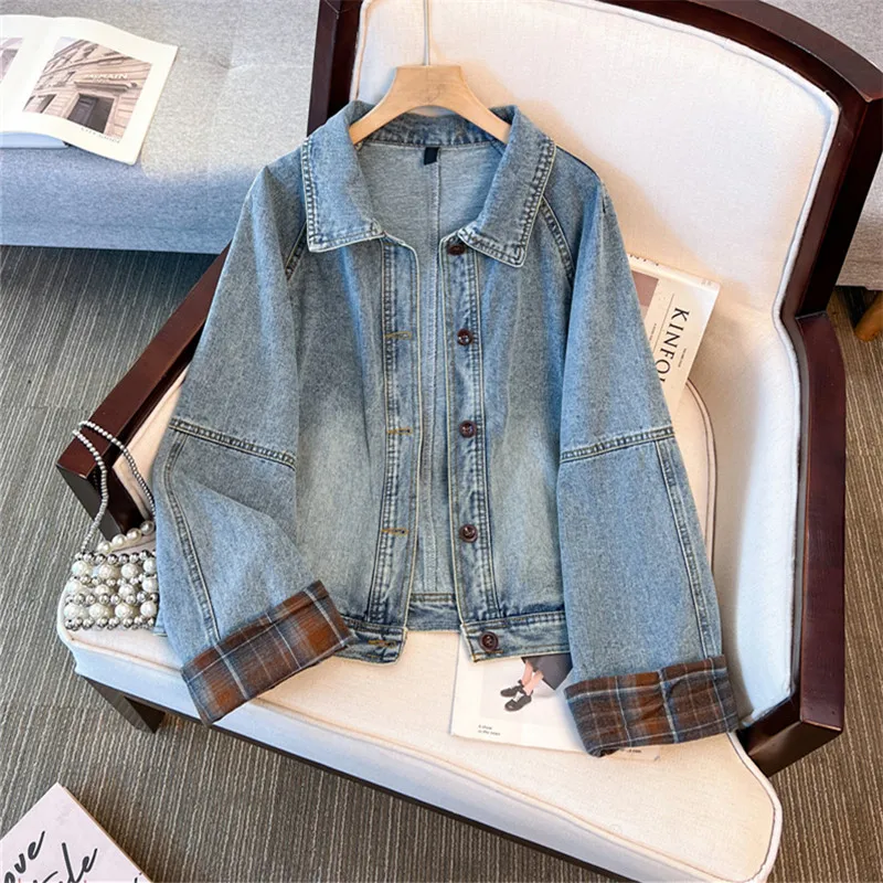 

Korean Casual Contrast Colorplaid Patchwork Blue Jeans Jacket Turndown Collar Long Sleeve Denim Jacket Female Chaqueta Mujer