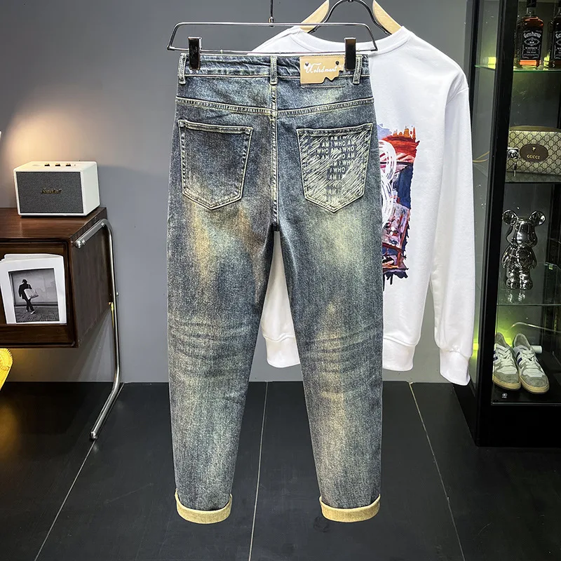 High-End Jeans for Men 2024 New Fall Men's Clothing Casual All-Match Fashion Vintage Print Nostalgic Color Stretch-Fit Pants