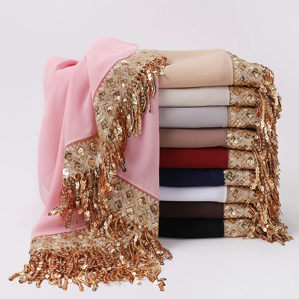 Neuer Pailletten-Quasten-Hijab Luxuriöse Chiffon-Schals Muslimischer Hijab Schlichte Lange Schals Damen Kopftuch Stirnband – Detail 1