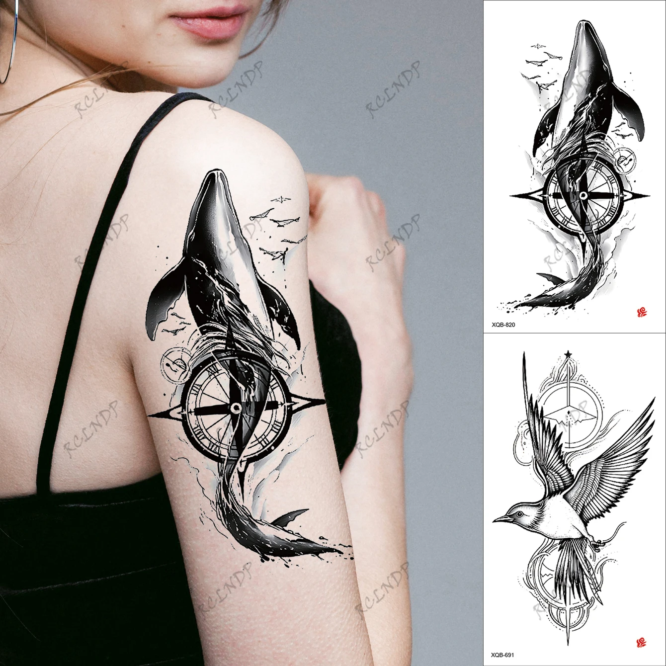 2pcs Waterproof Temporary Tattoo Sticker Whale and bird compass Fake Tatto Flash Tatoo Back and arms Tato for Girl Women