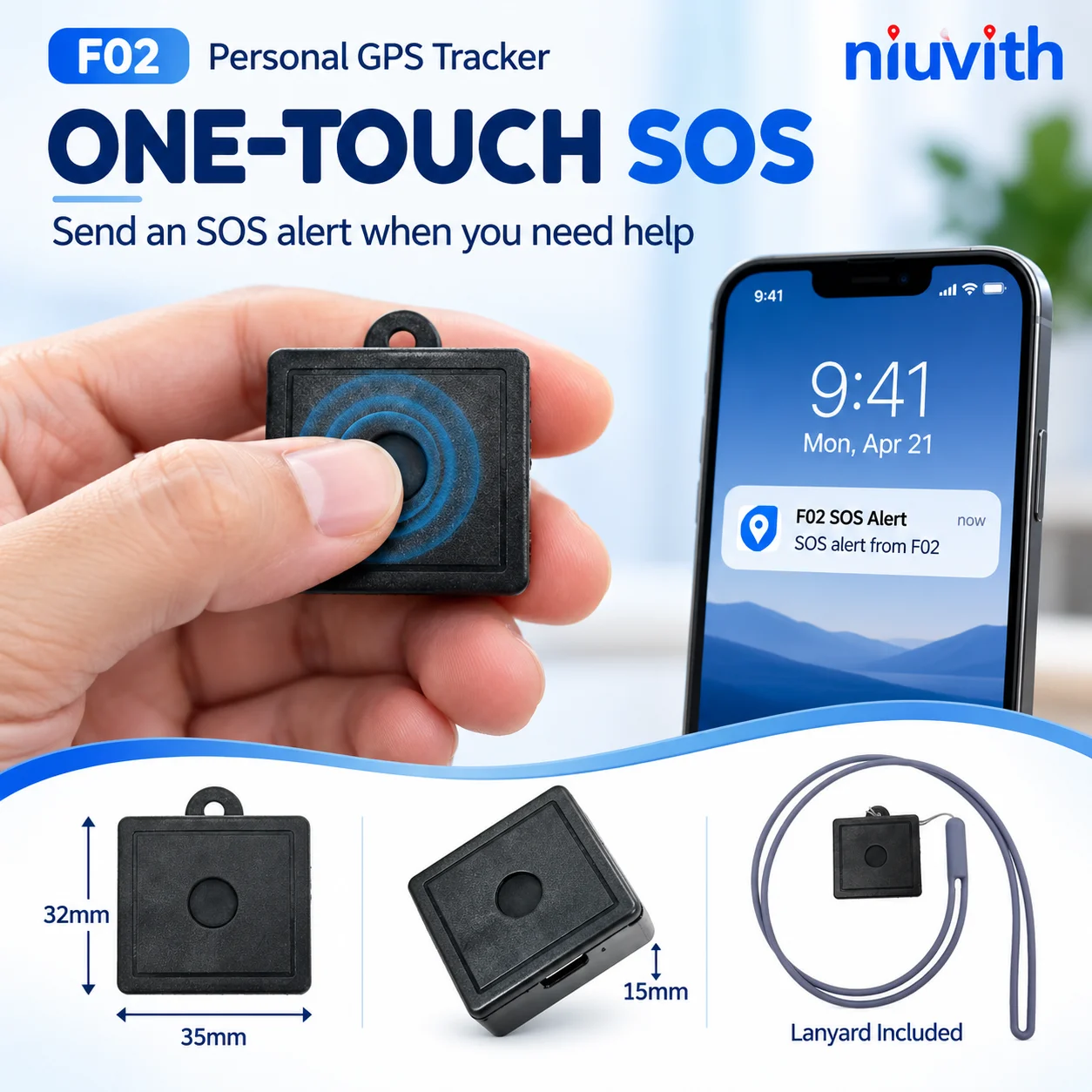 F02 Mini GPS Tracker Real-Time Location Portable Tracking Device One-Touch SOS Geo-Fence Alert for Personal Assets Pets Vehicles