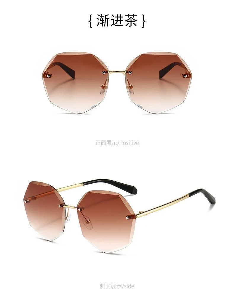 Rahmenlose Damen-Sonnenbrille mit Schnittkante, fortschrittliches Gefühl, Metall, robustes Scharnier, trendige Sommer-Sonnenbrille – Detail 9