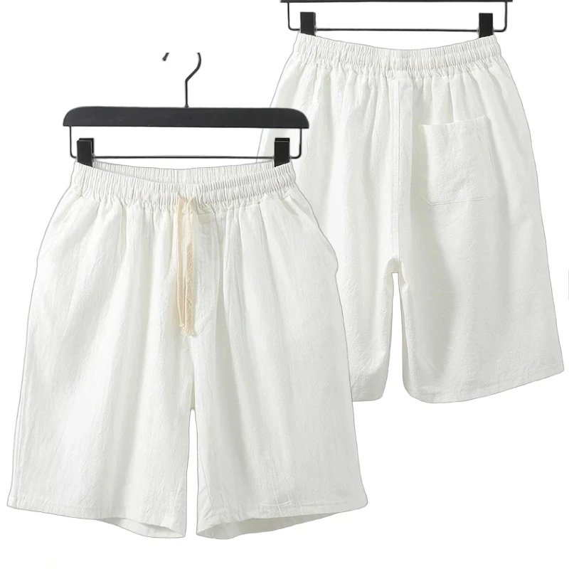 Men Cotton Linen Knee Length Shorts Elastic Drawstring Waist Loose Wide Leg Casual Bermuda Shorts Summer Breathable Beach Shorts