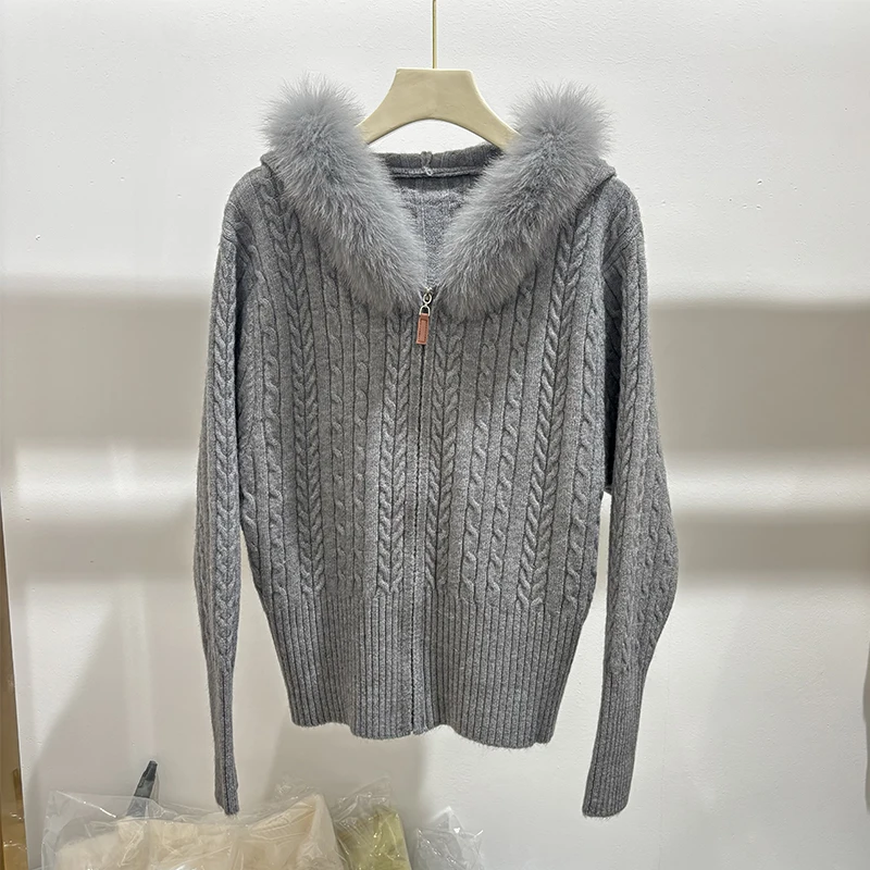 2025 New Arrival Women Autumn Real Fox Fur Collar Hoodie Slim Sweater Girl's Pink Hooded Sweater Jacket Coat