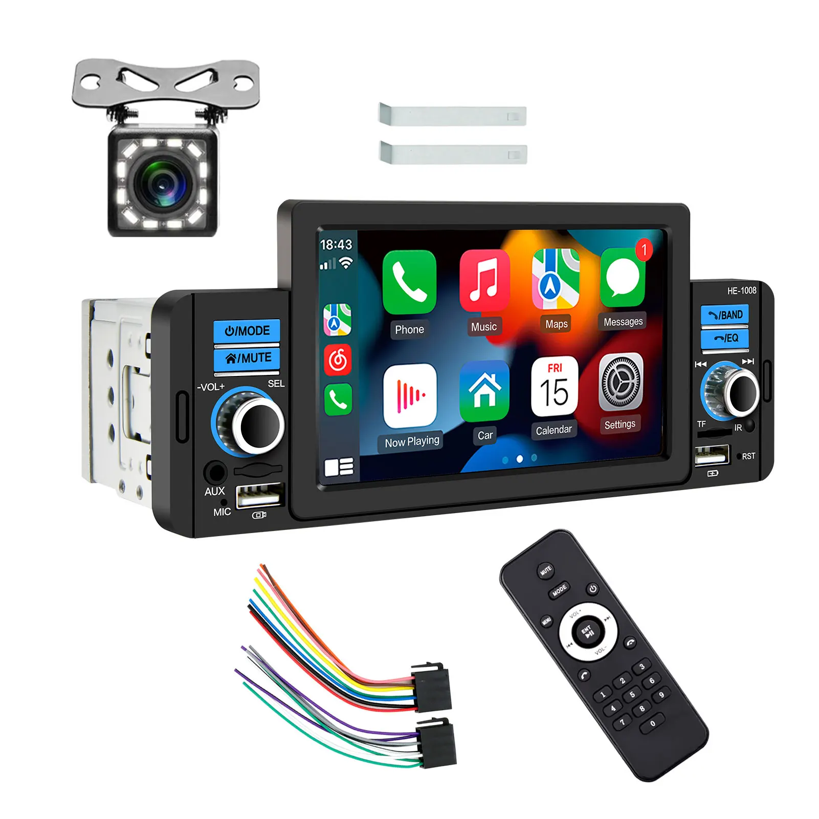 5Inch Touch Screen Stereo Radio HD Car Single DIN MP5 Player BT FM Radio Receiver Hands-free Calling With 12LED Rear Camera