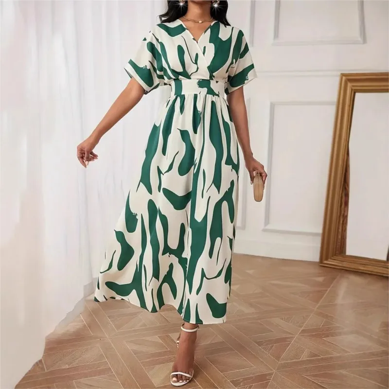 فستان أنيق صيفي موديل 2025 بطباعة هندسية ورقبة على شكل حرف v وخصر ملتصق وصل حديثًا بأكمام قصيرة على شكل حرف a فساتين طويلة بأسلوب بسيط