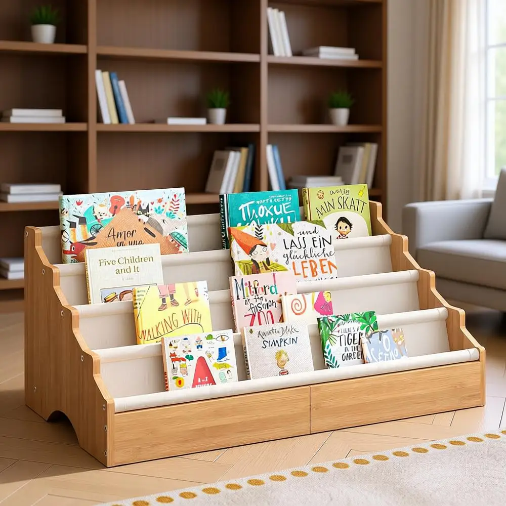 

Книжная полка для детской комнаты для малышей, открытая витрина для детских комнат, стеллаж для хранения для чтения в классе, бежевый