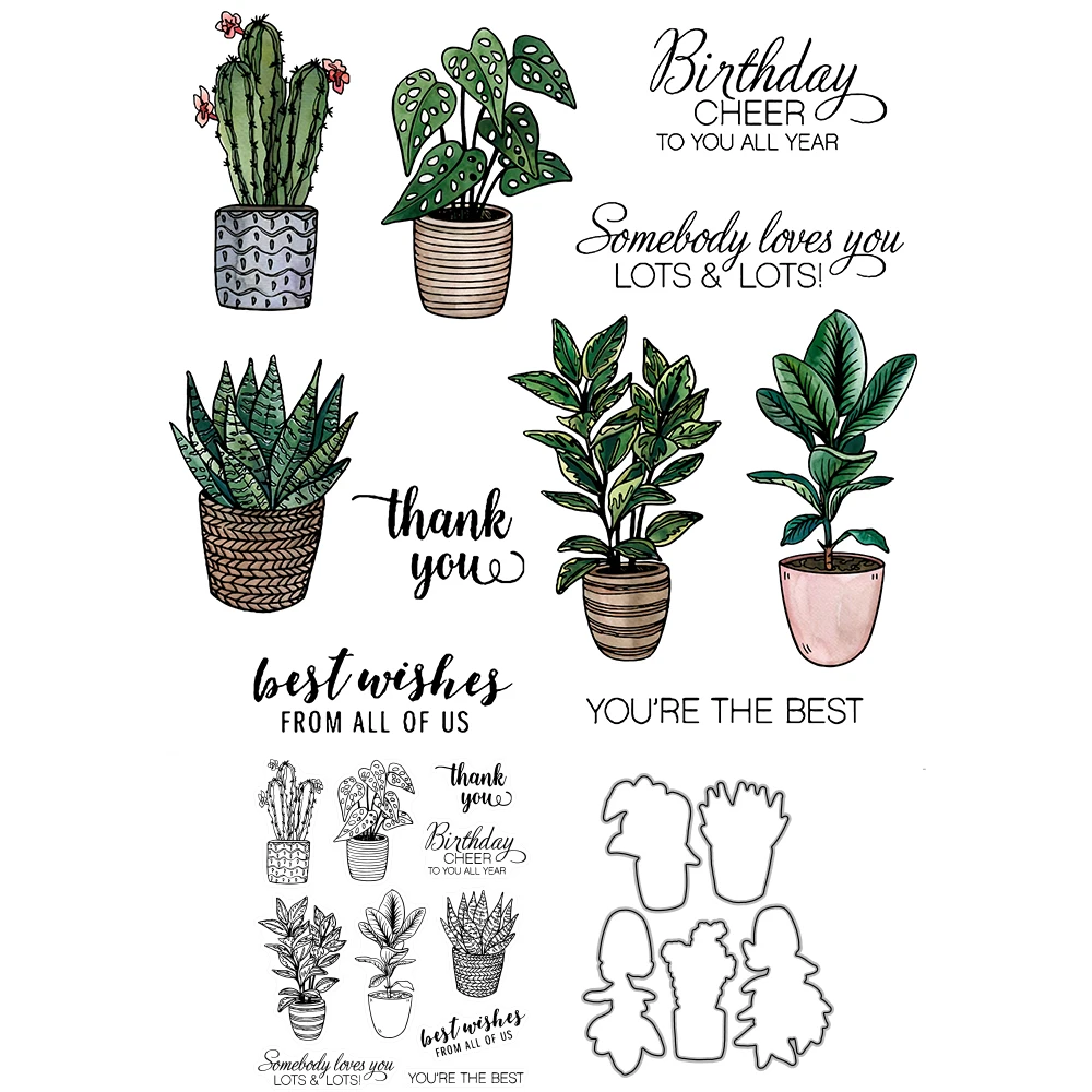 MangoCraft Green Potted Cactus Cutting Dies Clear Stamp Scrapbooking DIY Metal Dies Cut Silicone Stamps For Cards Album Decor