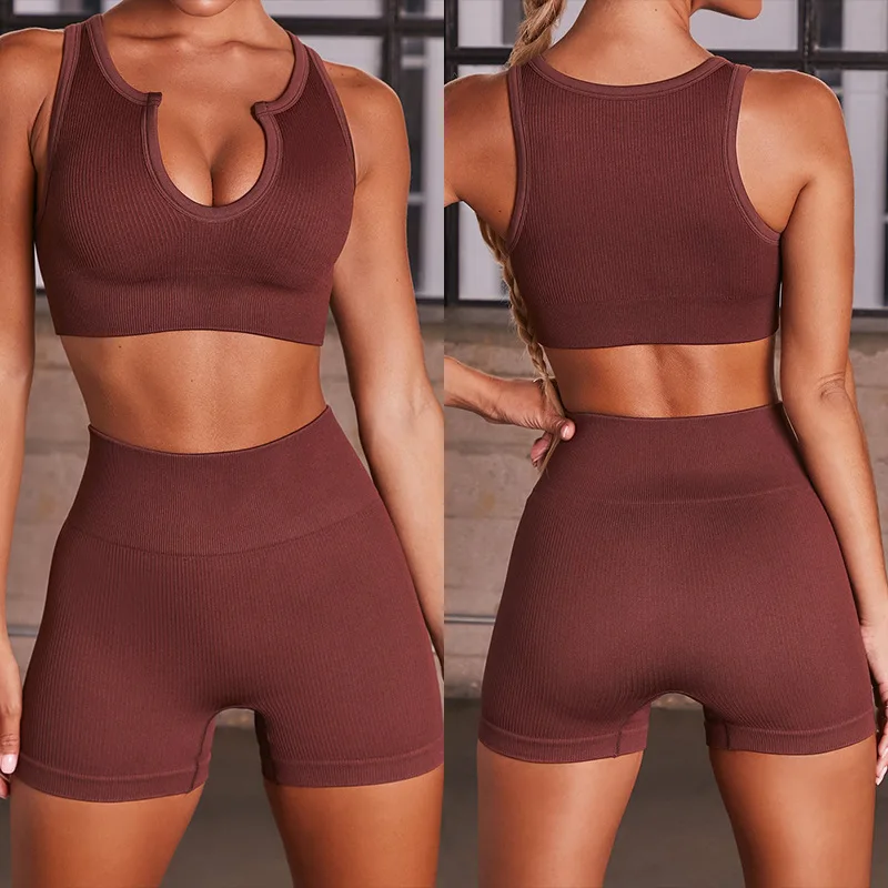 Yoga Clothes European and American Hot Chest-Breaking Sports Bra Set Solid Color U-Neck Vest Sports Shorts Suit for Women