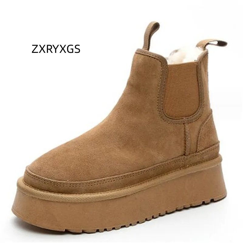 ZXRYXGS 2023 Premium Frosted Genuine Leather Snow Boots Platform Heightening Shoes Comfort Warm Chelsea Boots Winter Women Boots