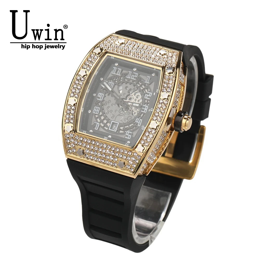 Uwin Sqaure Dial Quartz Watch Full Rhinestones Iced Out Wrist Watches With Black Belt For Men Women Fashion Gift