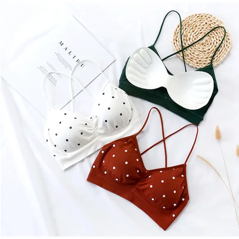 Women Sexy Top Bra Push Up Backless Sports Bralette Polka Dot Print V Neck Seamless Ladies Underwear Gym Cropped Tank Yoga Tops