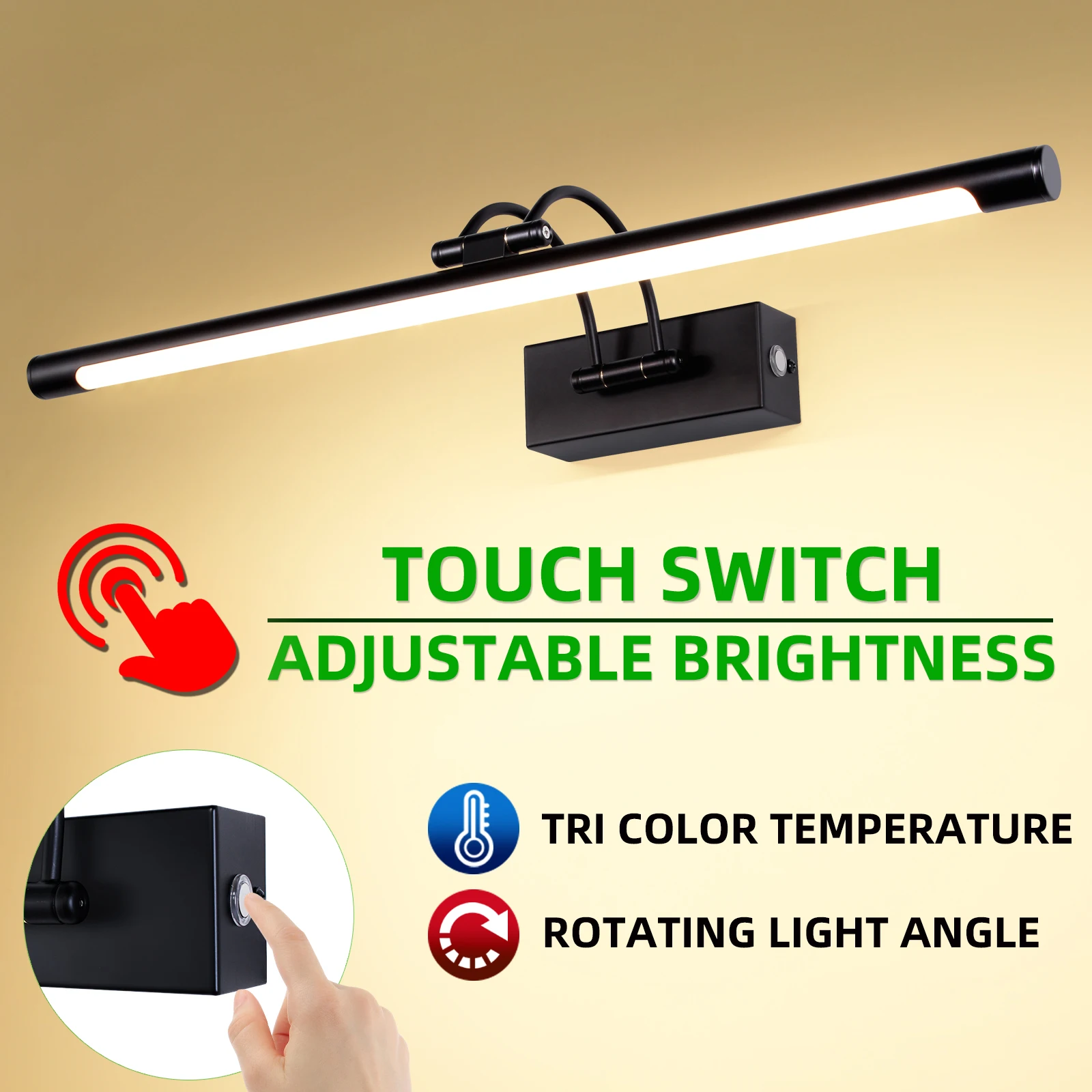 MantoLite Dimmable Picture Light 15W, Black 60cm Led Bathroom Mirror With Rotating Lamp Head Restaurant Wall Light Swivel Arm