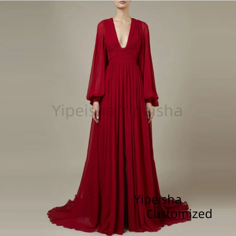 

Customized Hot Sale New Simple V Neck Long Prom Dresses with Long Sleeves Wedding Guest Gown Maid of Honor Evening Dress