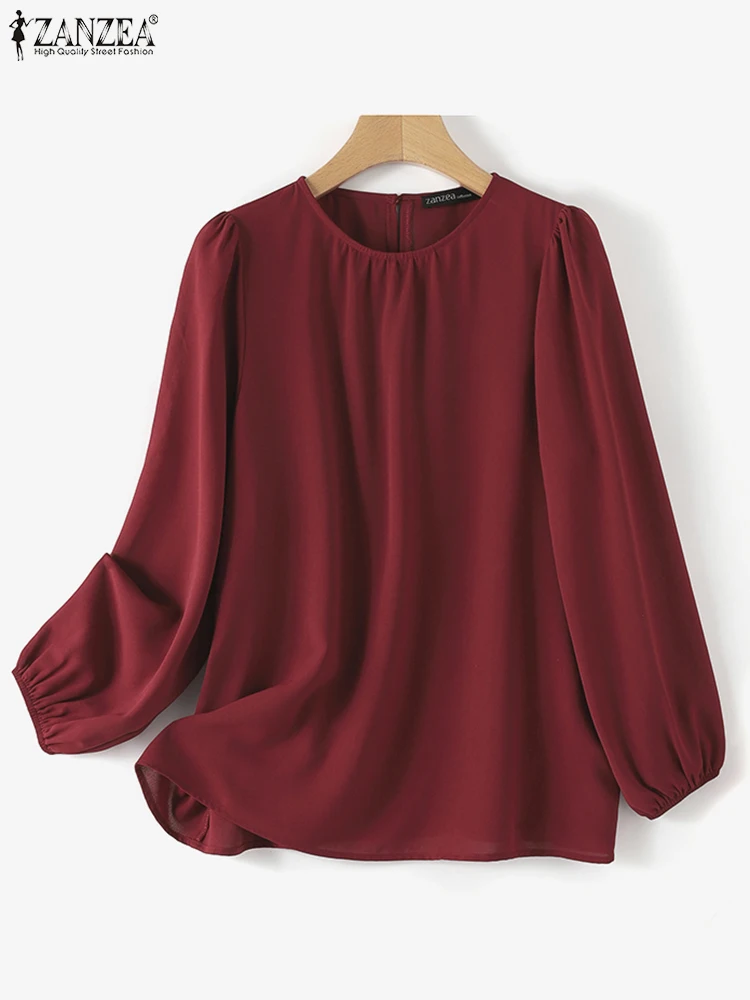 ZANZEA-Blusa de manga larga para mujer, Top musulmán liso, camisa elegante informal de Dubái, Turquía, Abaya, Hijab, moda de otoño