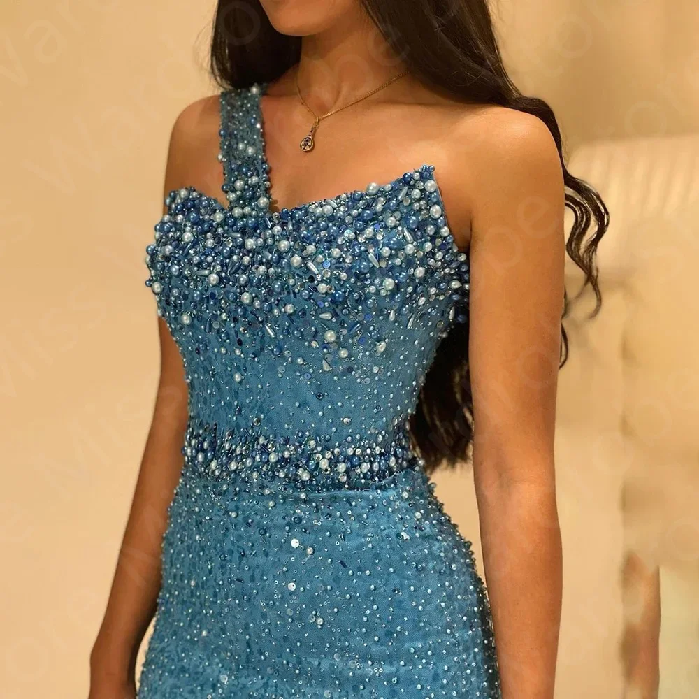 Latest Blue Evening Dresses Sequined Glitter Prom Party Gown 2024 One Shoulder Pearls Wedding Guest Gowns Sweep Train Sleeveless