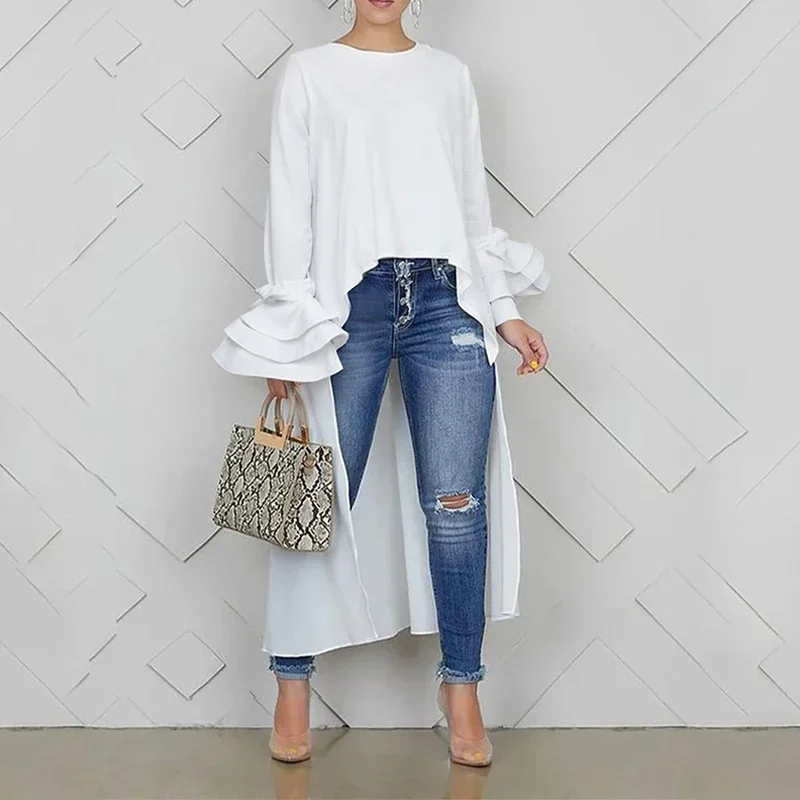 Lemongor Female Stylish Selection High-Low T-Shirts 2024 New Spring Autumn Flared Sleeves Solid Color Casual Simple White Tops