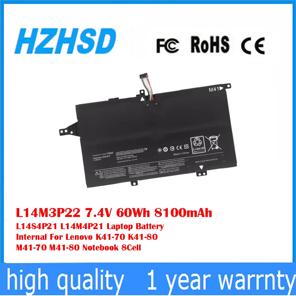 

L14M3P22 7.4V 60Wh 8100mAh L14S4P21 L14M4P21 Laptop Battery Internal For Lenovo K41-70 K41-80 M41-70 M41-80 Notebook 8Cell