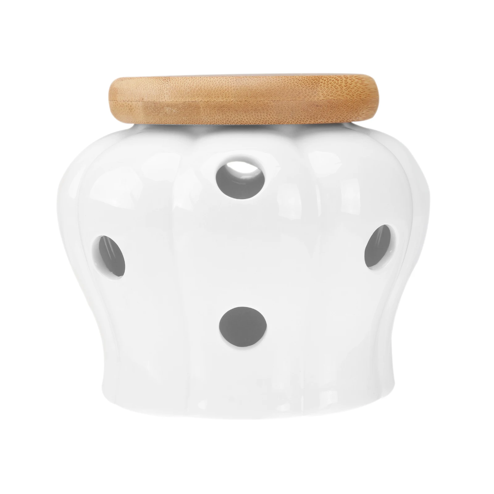 

Ceramic Garlic Keeper Ginger Onion Storage Container 12 Air Vents Bamboo Lid Cool Dry Airtight Kitchen Countertop