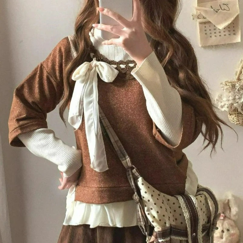 

Японские футболки в стиле Sweet Lolita для женщин, винтажные, элегантные, с бантом и бретелями, с длинными рукавами, с круглым вырезом, милые повседневные топы в стиле Харадзюку