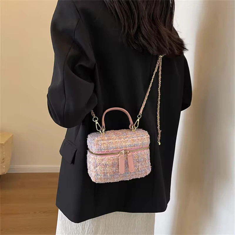 Fashion Plaid Print Tweed Crossbody Bag for Women Casual Versatile Female Shopping Chain Shoulder Pack Large Capacity Handle Bag