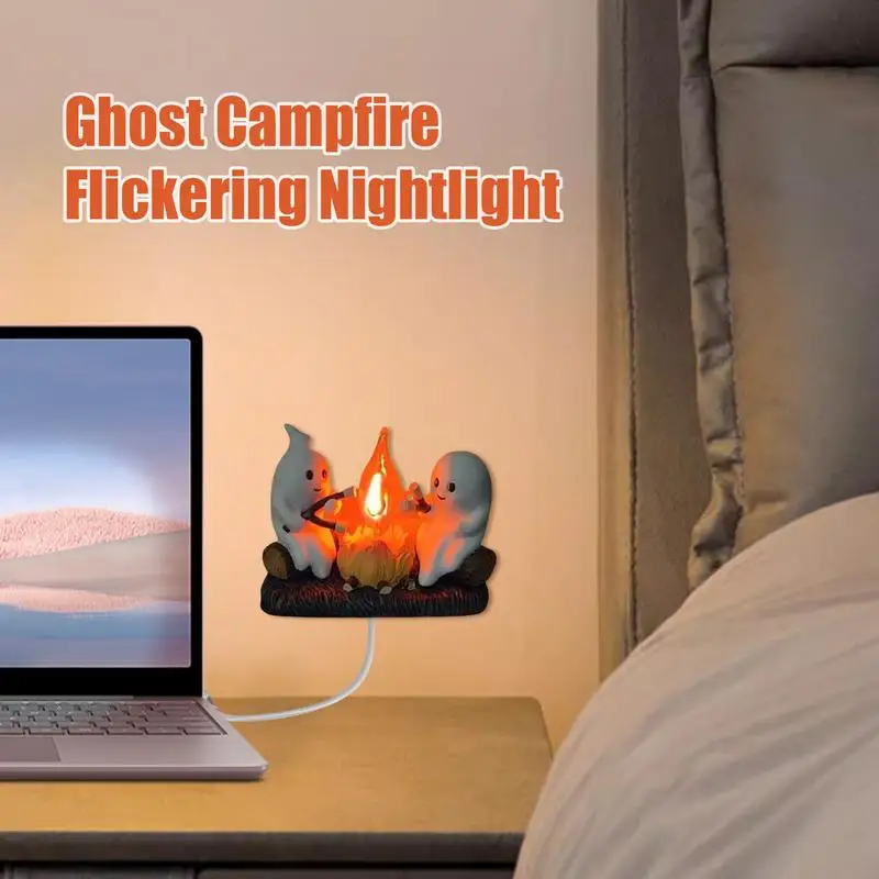 Ghosts Campfire Desk Lamp USB Nightstand Lamp LED Night Light Bedside Lamp For Bedroom Study Halloween Decor