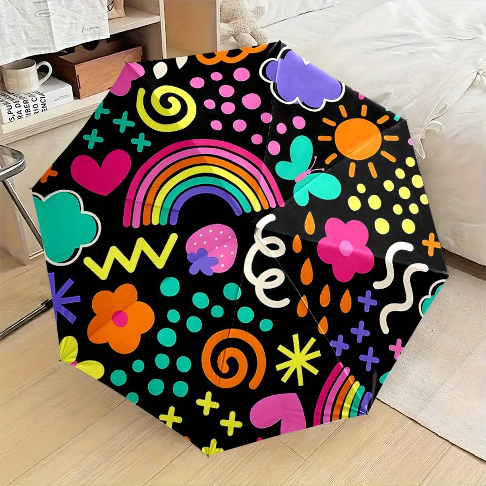 

This Folding Umbrella Showcases Bright Designs Such As Rainbows, Butterflies, And Flowers Against a Black Backdrop. Ideal for