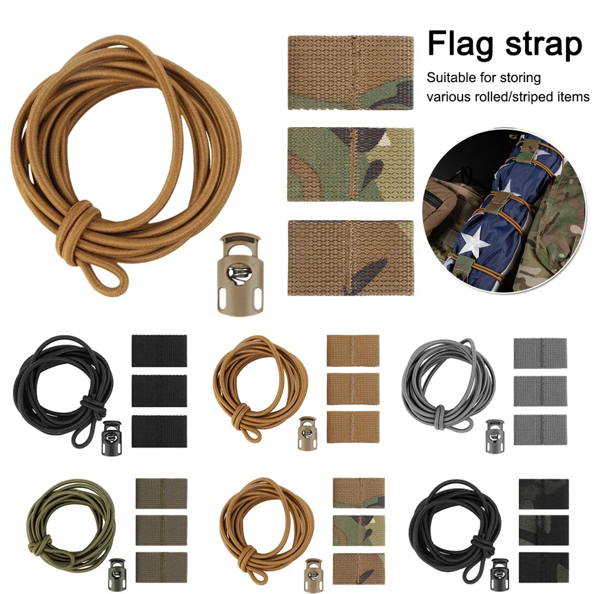 Tactical Old Glory Flag Bungee Elastic Fastener Strap Shock Cord Retention Molle Webbing Loop Cord Lock Secure Attachment