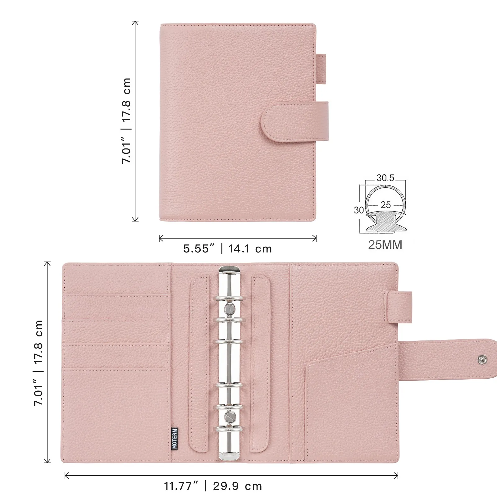 Moterm A6 Elite Rings Planner Cover Without Big Back Pocket Pebbled Grain Leather Notebook Journal with 25mm Rings Organizer