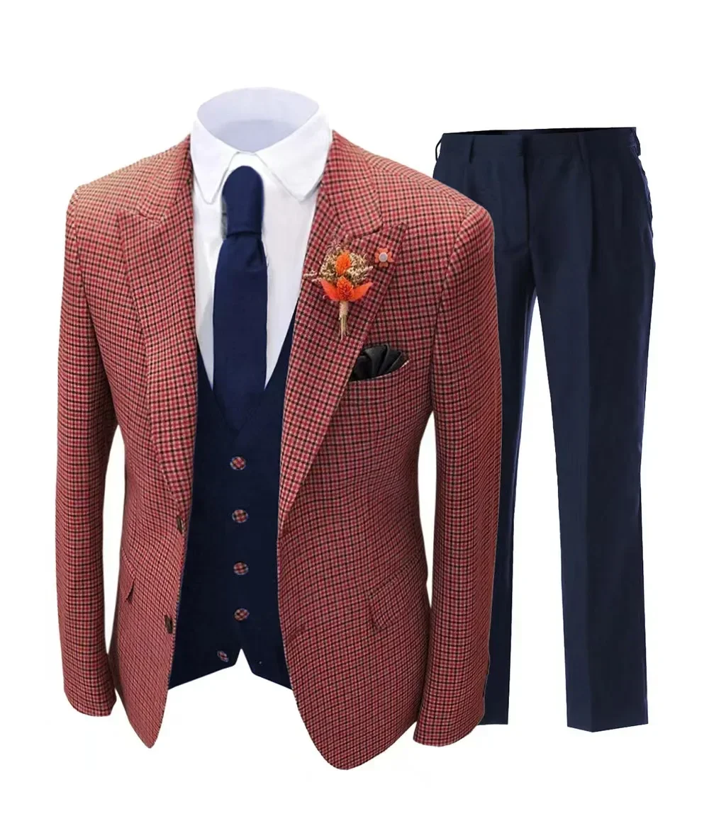 Plaid Suit Mens Slim Fit Mens 3 Piece Suit Notched Lapel Vintage Plaid Suits For Wedding Dress Evening Party High Quality