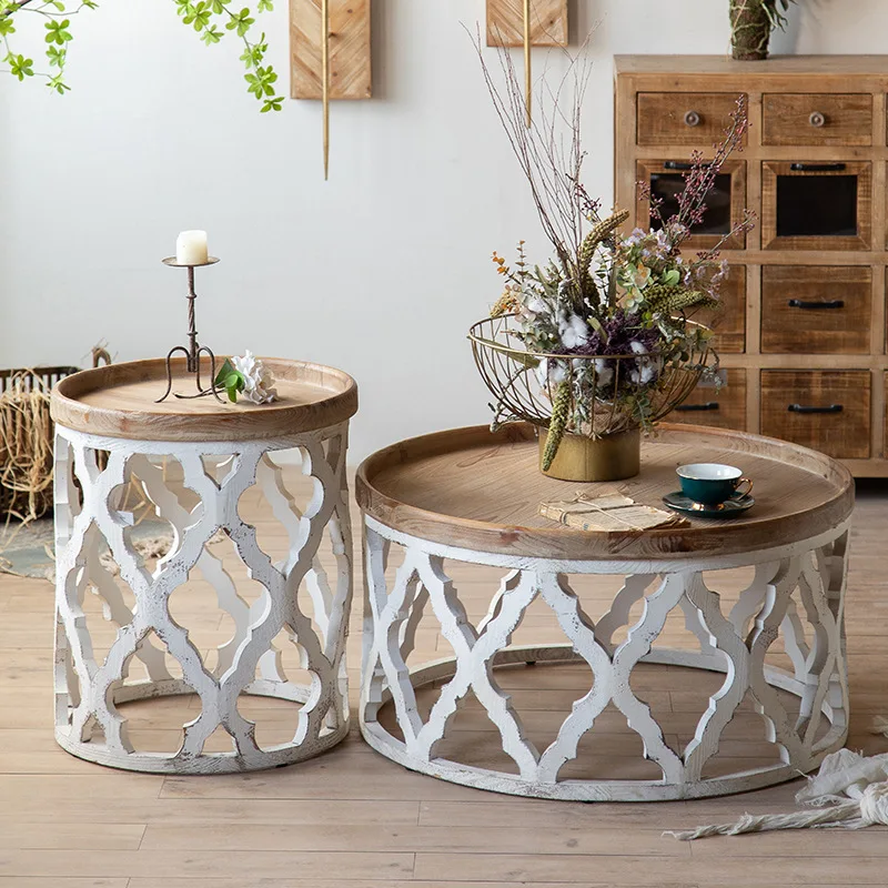 French Retro Round Coffee Table Solid Wood Living Room Coffee Table Table Combination Wabi-sabi Wind Edge Few Bed And Breakfast