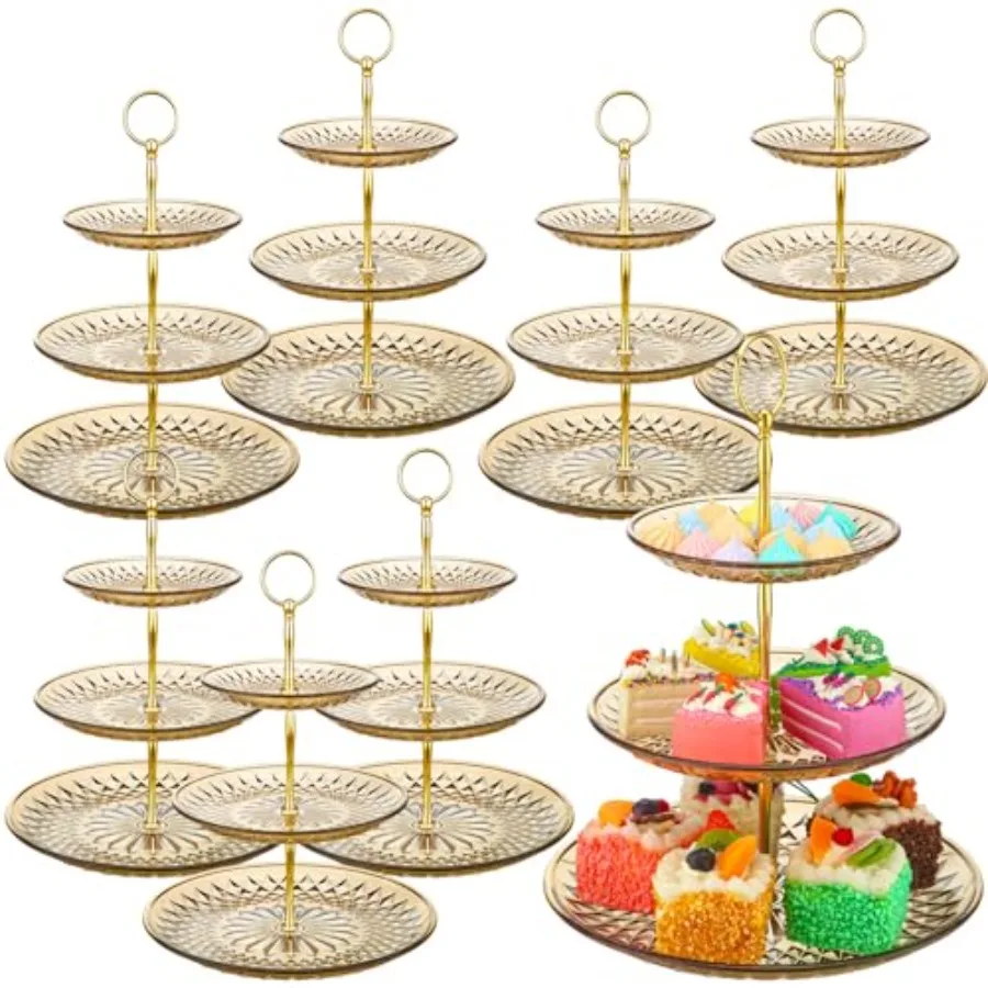 

8 Packs 3 Tier Crystal Acrylic Clear Cake Stand with Gold Round Holder Acrylic Cupcake Stand Holder for Home Wedding Holiday Bi