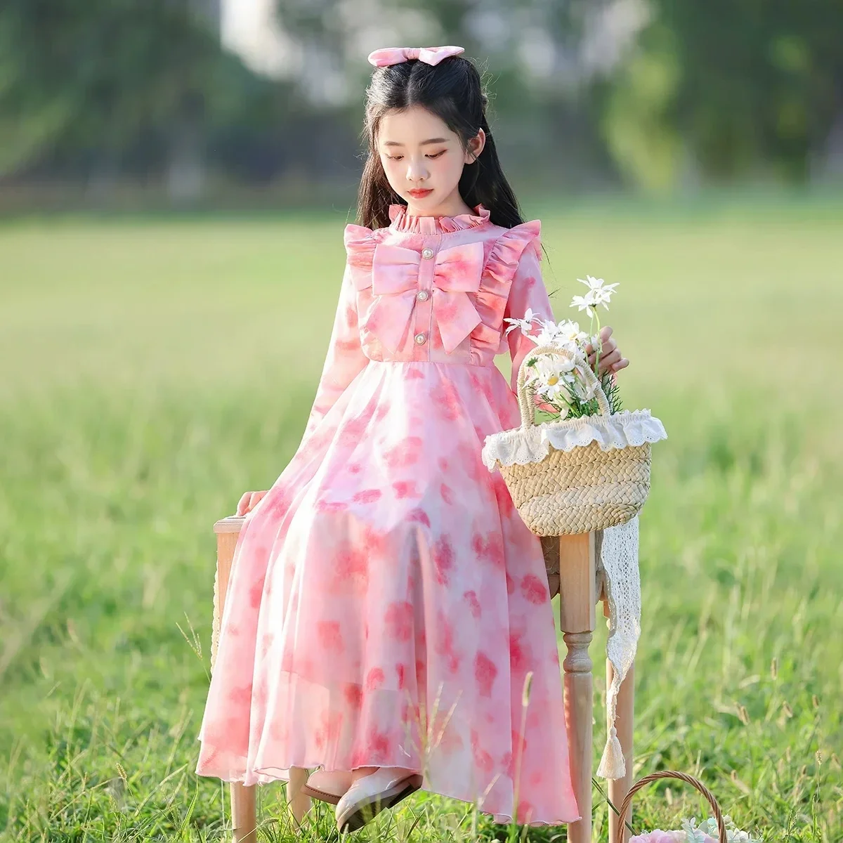 Vestido Maxi Rosa Floral de Manga Longa para Meninas com Babado e Laço em Chiffon, Modelo Evasê Casual para Festas e Dia a Dia, para Crianças de 4 a 1