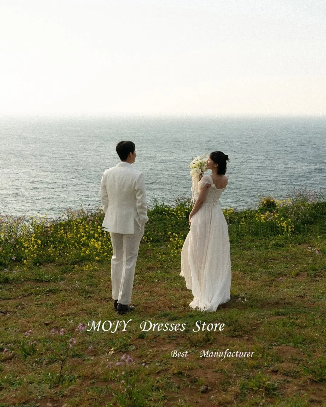 فستان زفاف موجي بياقة مربعة على شكل حرف a من التل لالتقاط الصور الكورية بطول الأرض وأكمام منتفخة مخصصة فساتين العروس مشد ستناء