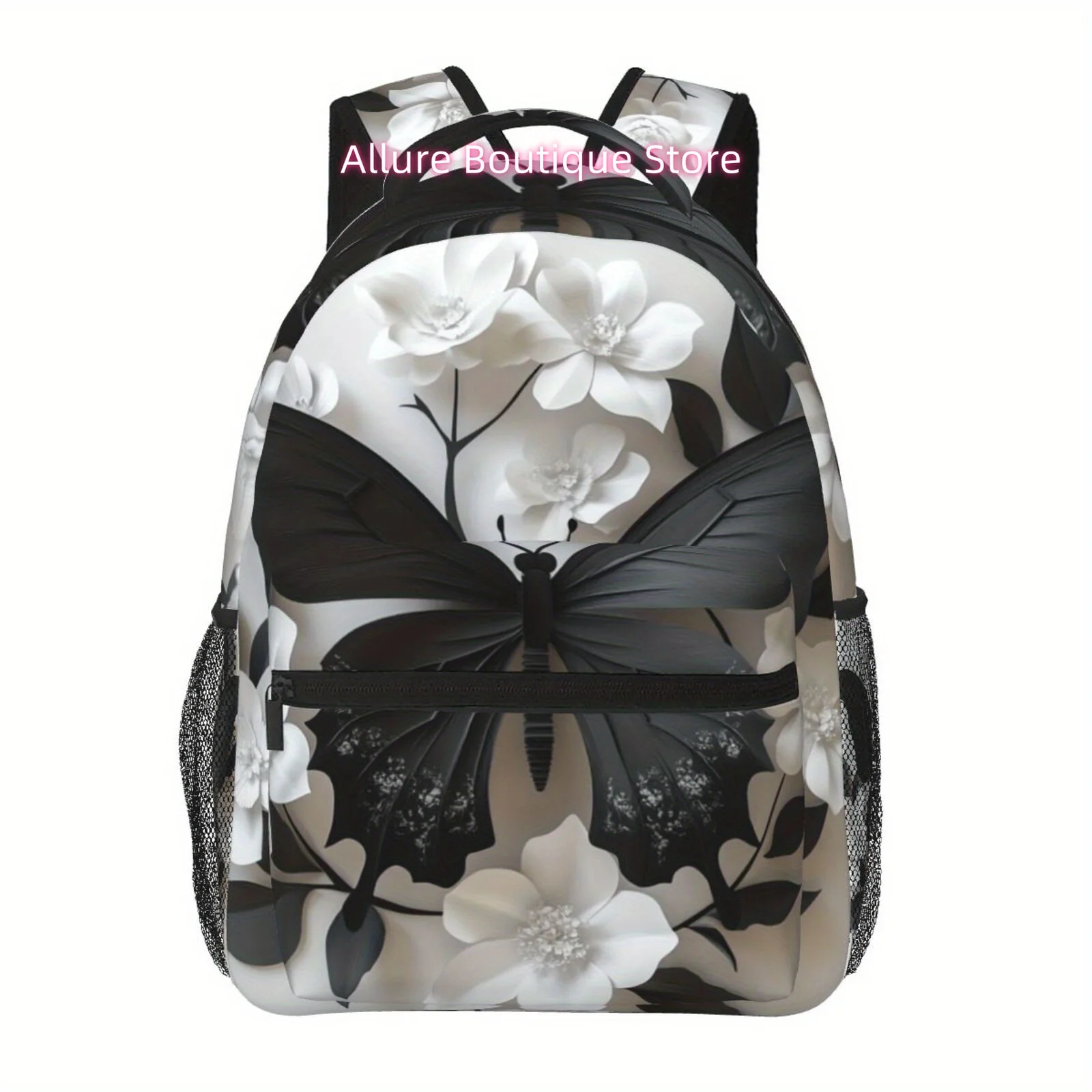 Full Color Printed Youth Campus Student Double Backpack with 3D Effect High-End Pearl Black Butterfly White Flower Pattern, Feat