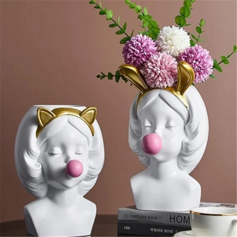 Modern Nordic Resin Human Face Vase Cute Girl Blowing Bubbles Decorative Flower Pot Succulent Flower Pot Home Tabletop Decor