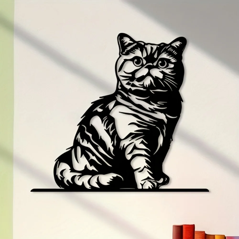 1pc British Shorthair Cat Metal Wall Art, Elegant Iron Decor for Living Room Garden, Durable Hanging Hook-Free Ornament for Home