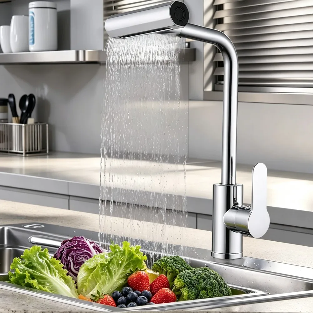 

360° Rotatable Kitchen Tap with 4 Function Sprayer, High Arc Spout, Chrome Finish Single Lever Faucet for Kitchen Sink & Bar