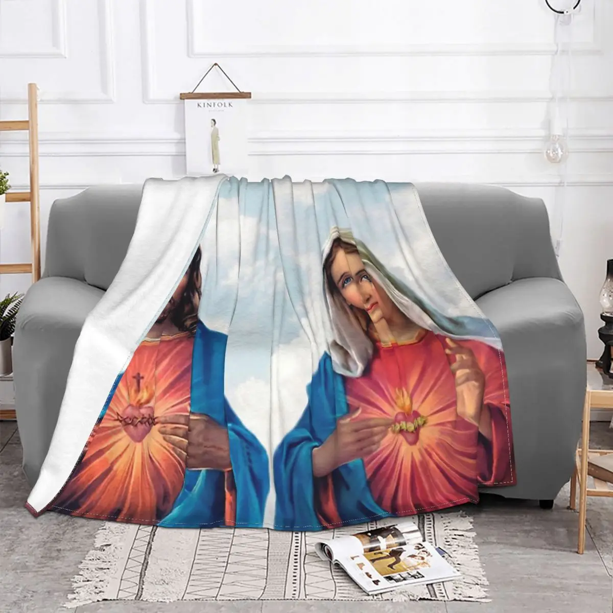 Sacred And Immaculate Hearts With Sky Background Jesus Christ Nativity Blanket Flannel Throw Blankets For bed Plush Thin Quilt