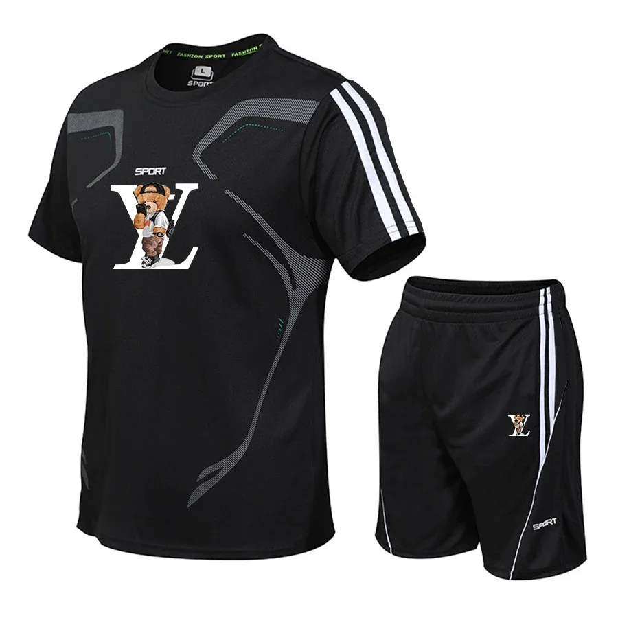 2025 Summer men's sports fitness running set Casual quick drying round neck short-sleeved T-shirt + shorts two-piece set