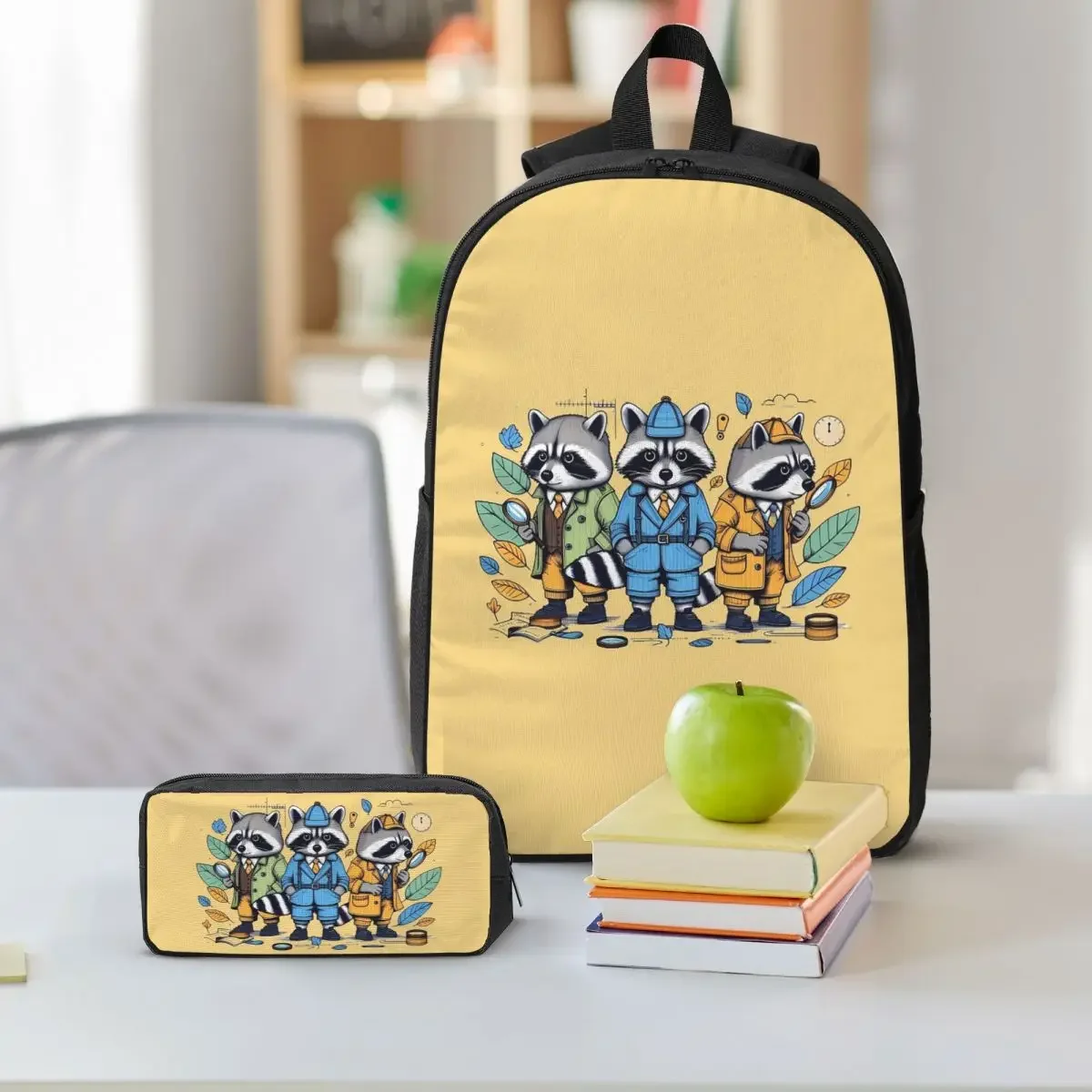 Raccoon Detectives Backpack Boys Girls BookBag School Bag Shoulder Bags 3ps Insulated Lunch Bag Pencil Case