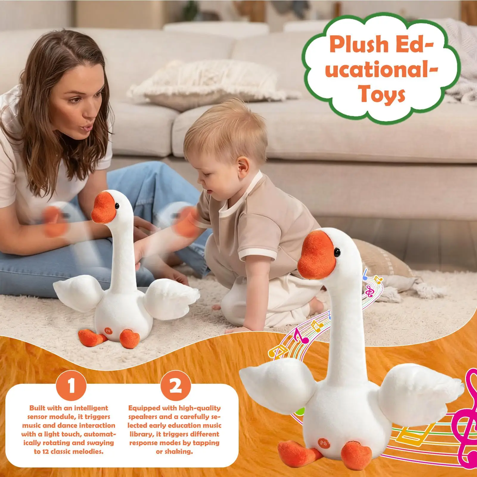 Elektroniczna pluszowa kaczka interaktywna zabawka z ukojenymi dźwiękami, miękka do przytulania, zabawa sensoryczna, prezent dla dzieci, chłopców i dziewczynek.