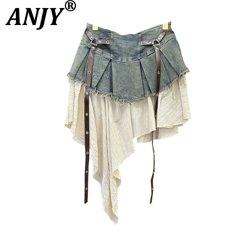 

ANJY Summer New Women Vintage Ins Skirt Denim Spliced Pleated Contrast Color Asymmetric A-line Streetwear Y2K Short Skirts A8912