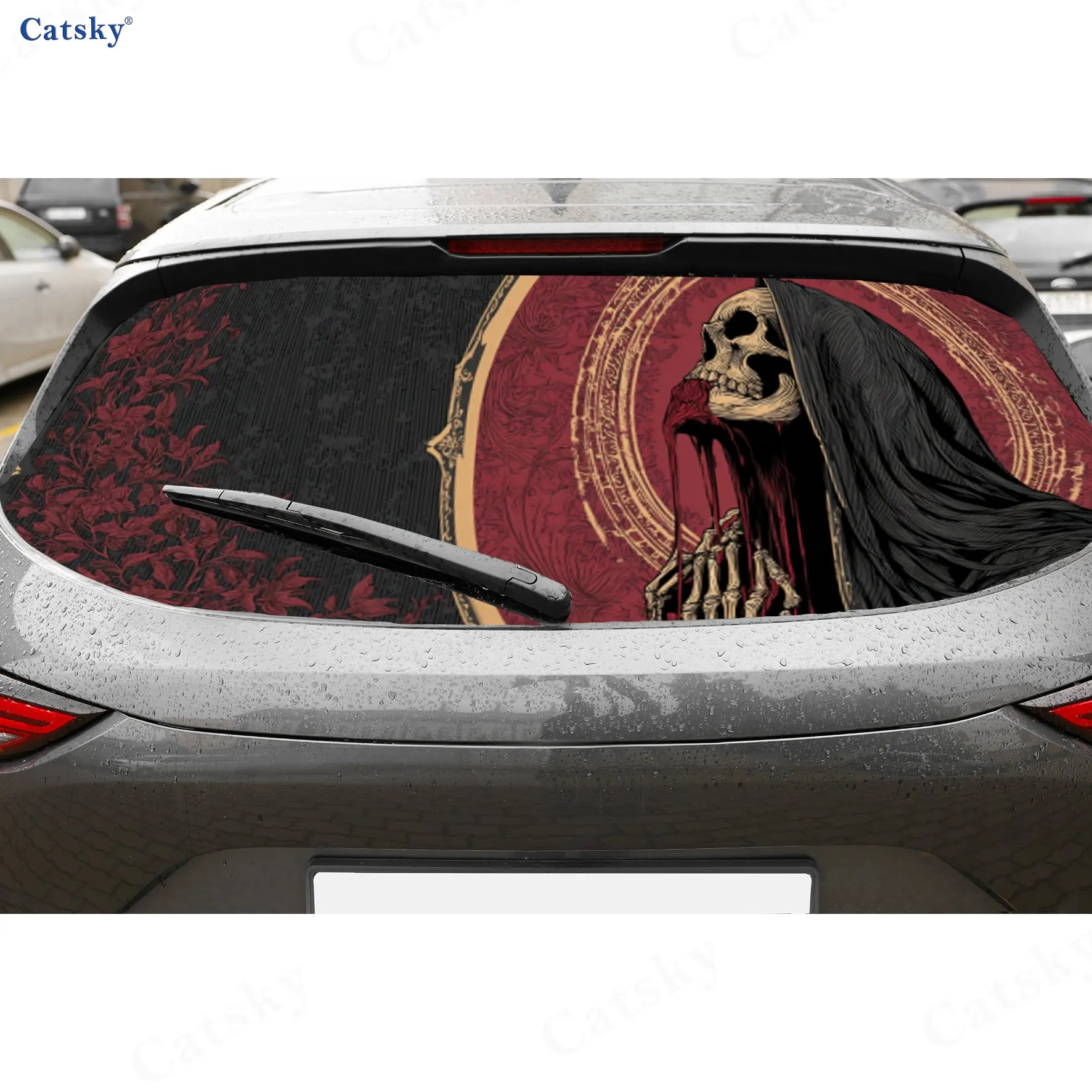 

Gothic Reaper Vintage Adventure PVC Perforated Car Vinyl Wraps, Durable Car Rear Windshield Sticker, Waterproof Car Rear Window