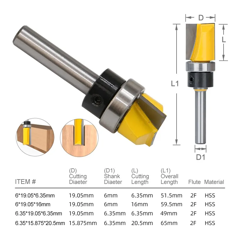 XCAN Template Trim Hinge Mortising Router Bit 6mm 1/4Shank Bottom Cleaning Milling Cutter for Woodworking Pattern Flush Trim Bit