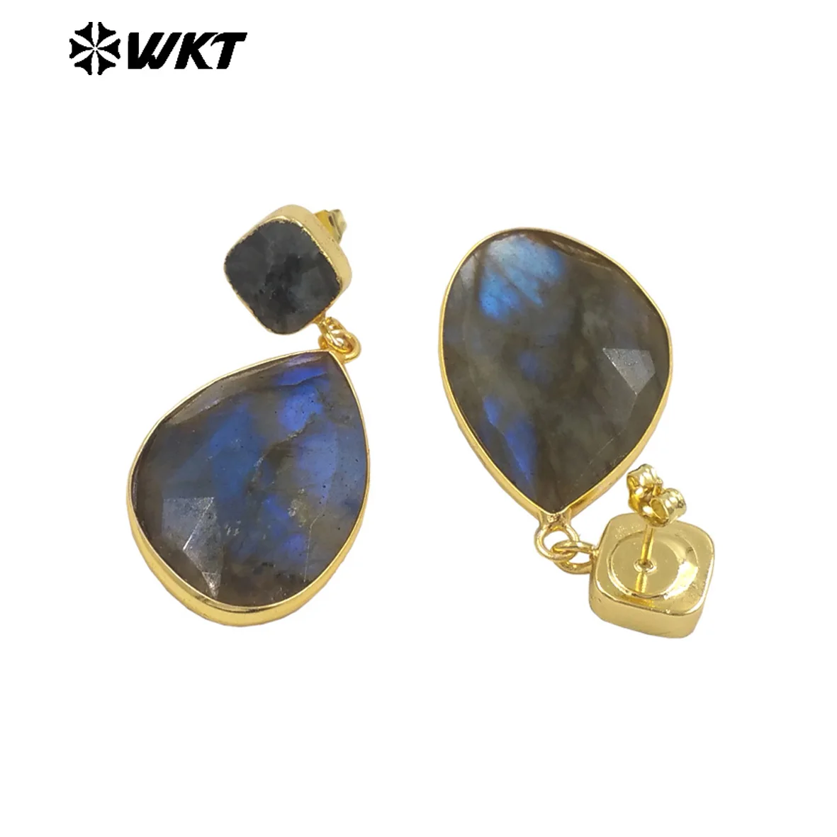 WKT-E675 WKT New Gorgeous Natural Labradorite stone Earrings gold trim high quality stone dangle earrings for Women Birthday