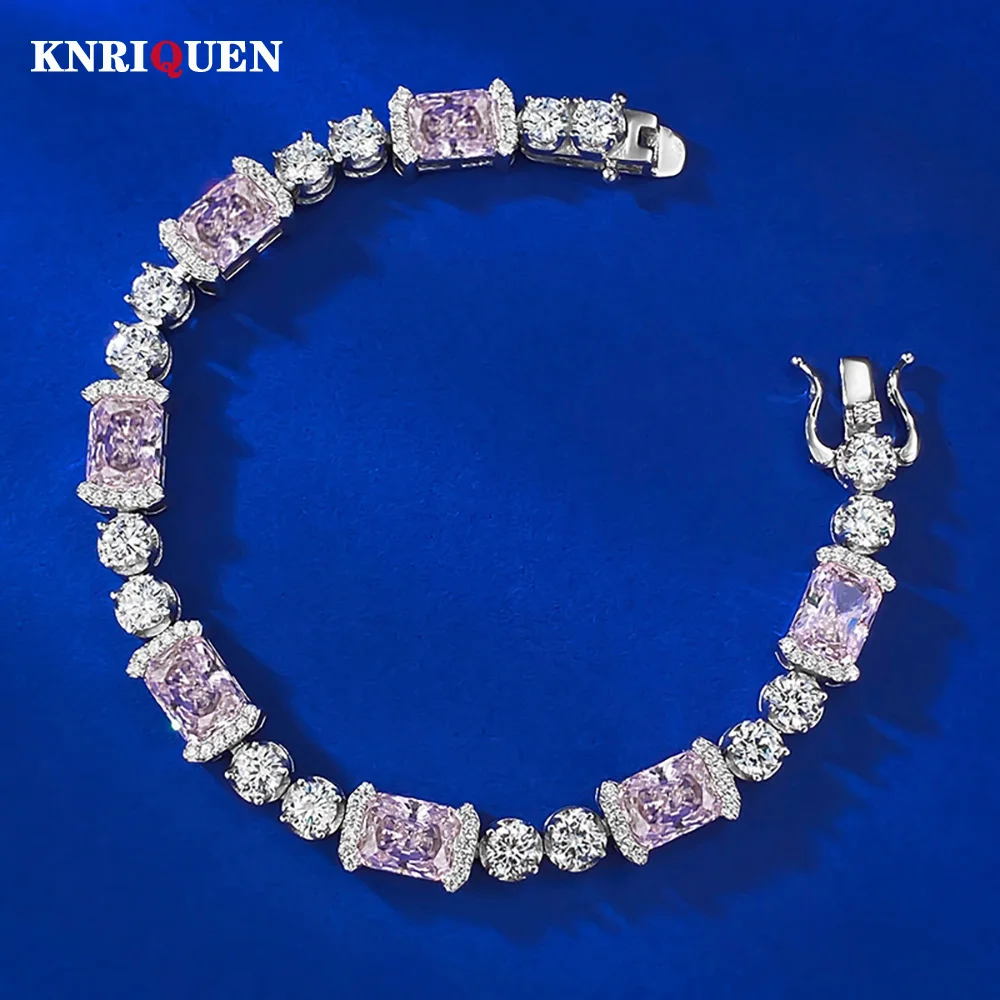 

Luxury 100% 925 Real Silver 6*8mm Topaz Pink Quartz Lab Diamond Wedding Chain Bracelets for Women Party Fine Jewelry 16-18cm