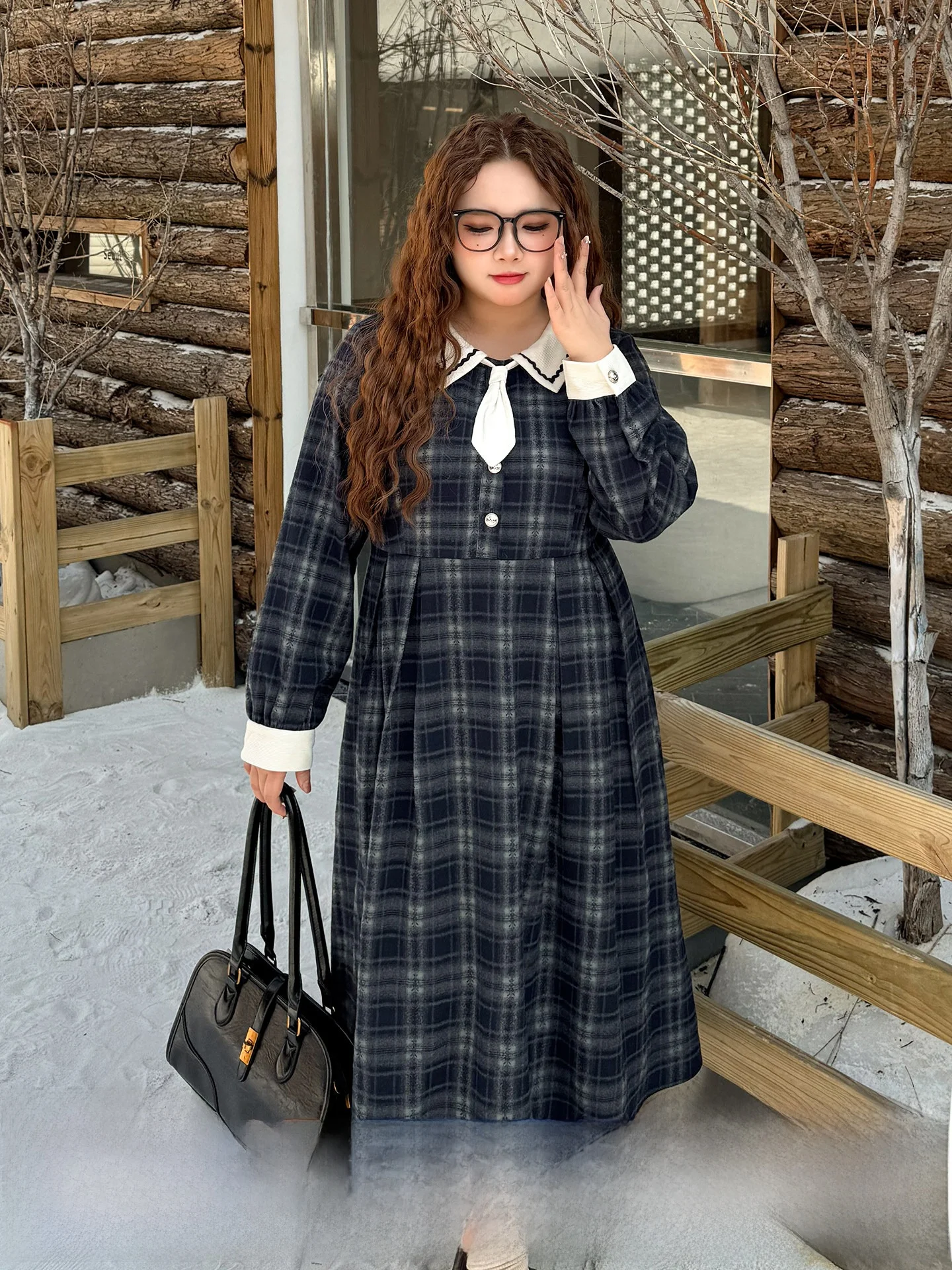 

plus Size College Sle Long Dr Waist Cinched Plaid Suit Collar Spring New Arrival Women's Faion A-Line Dr