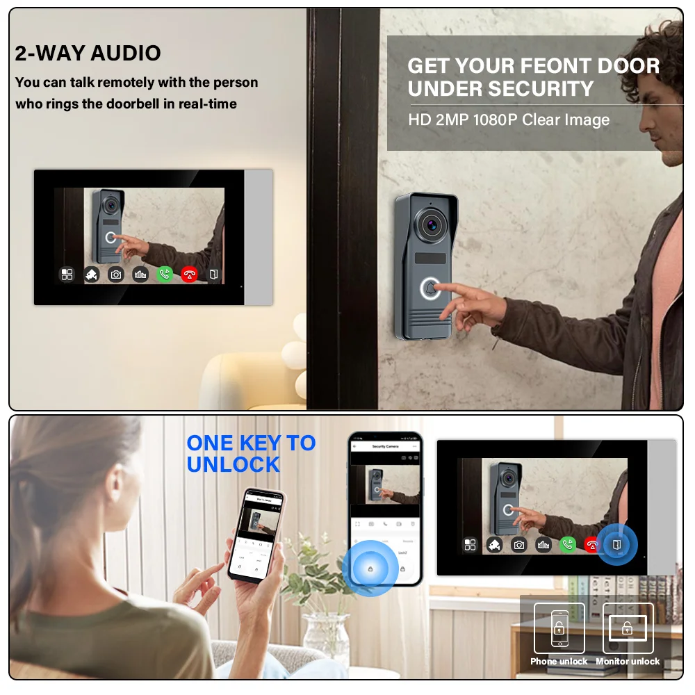 2 Wires Smart Home Tuya Wifi 1080P Video Intercom Video Door Phone 7'' Touch Monitor Video Doorbell Door Camera Security System