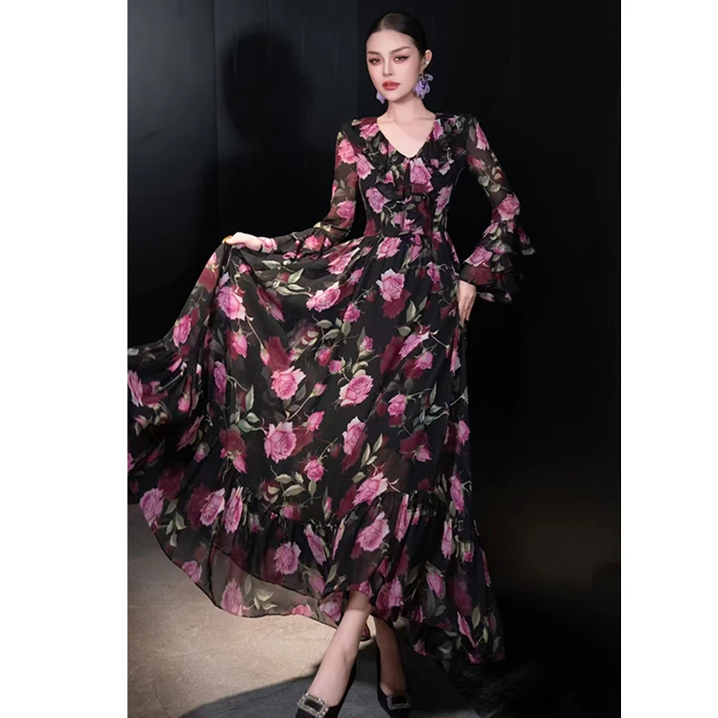 الربيع والصيف جديد الخامس الرقبة تقسم تكدرت نسيج الشيفون الطباعة مع رومانسية النمط الفرنسي الطبقات الأصفاد المرأة فستان طويل #1